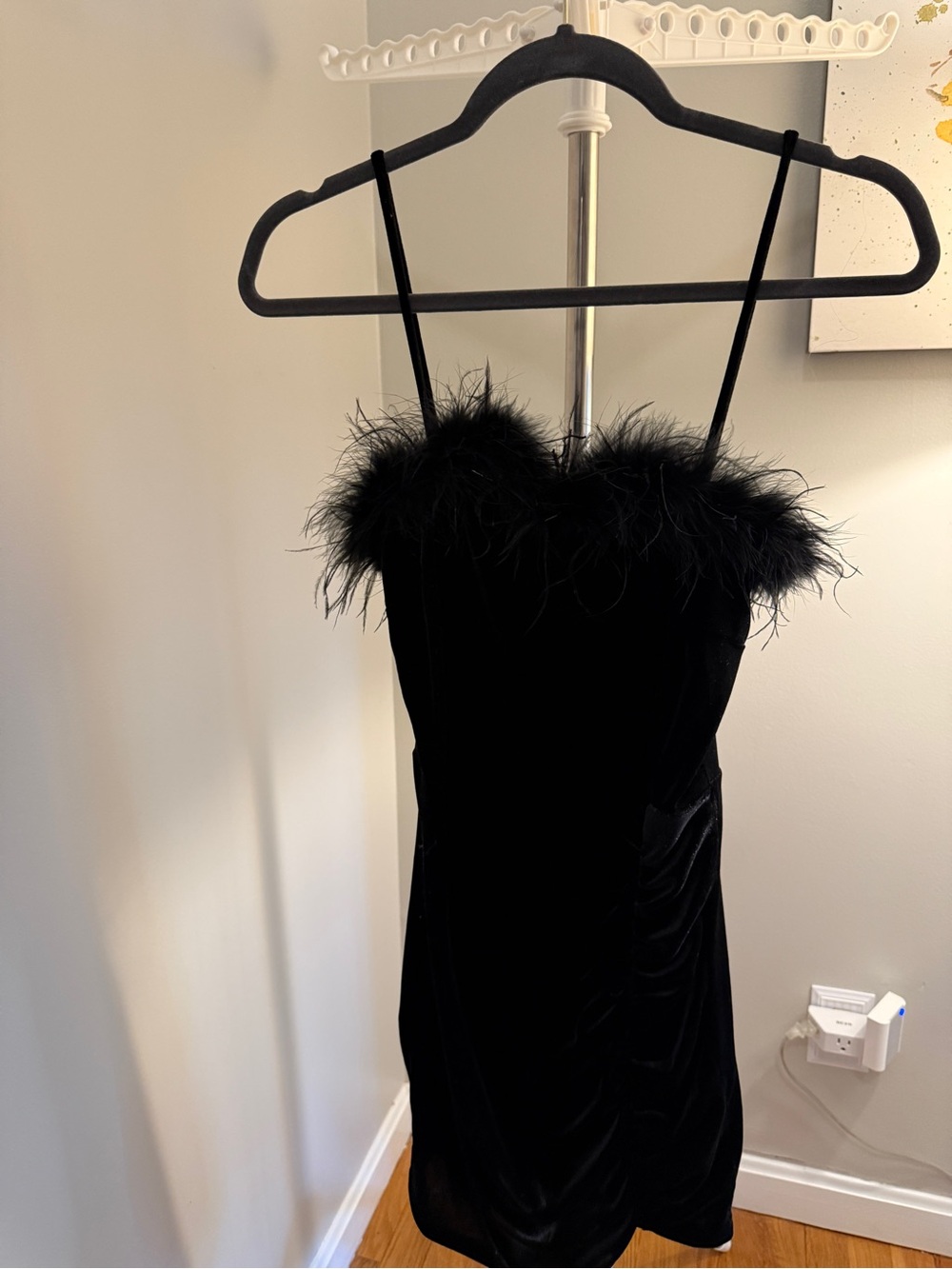 Windsor Black Velvet Mini Dress with Feather Trim